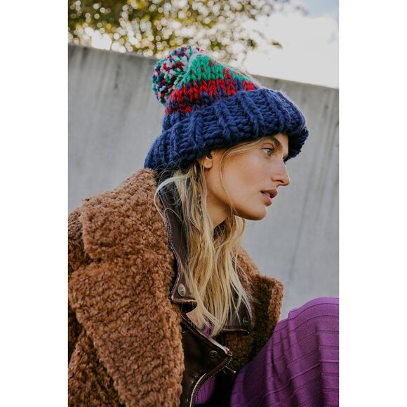 Free People Tide Stripe Knit Pom Beanie Navy Multi Fair Isle Nordic Boho Winter - Picture 1 of 6